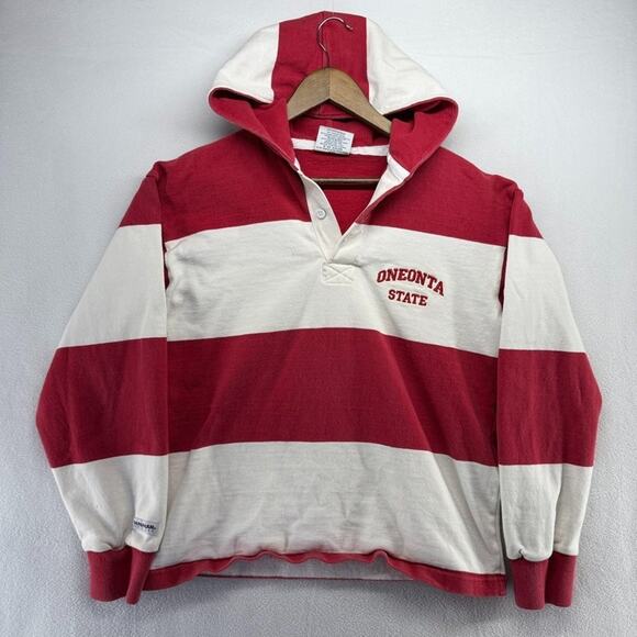 Vintage Oneonta State Rugby Shirt mens Small Red White Hooded Thick Heavy Cotton - Picture 1 of 11